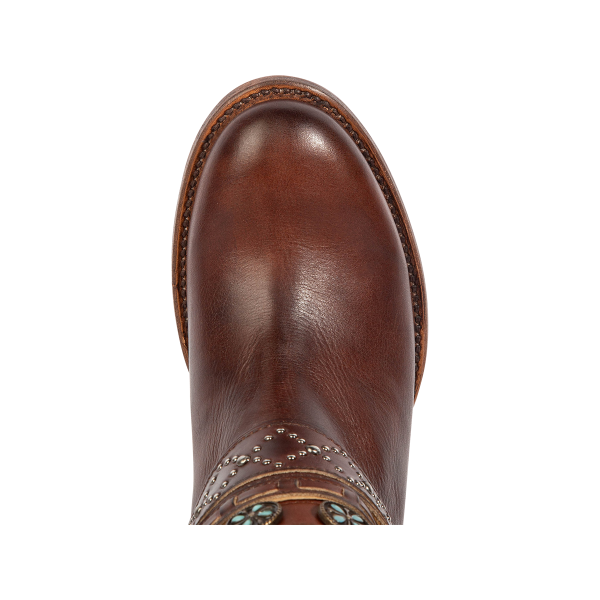 Top view showing a round toe construction on Freebird women's LIVELY cognac leather boot 