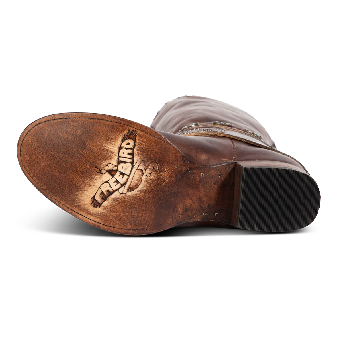 Leather sole imprinted with FREEBIRD on women's LIVELY cognac leather boot 