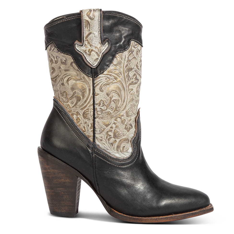 FREEBIRD women's Loretta black leather boot with a tooled 100% full grain shaft, inside zip closure and  inverted heel 