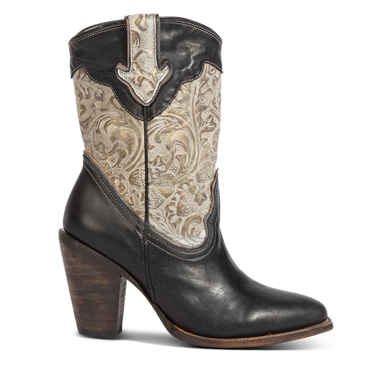 FREEBIRD women's Loretta black leather boot with a tooled 100% full grain shaft, inside zip closure and  inverted heel 