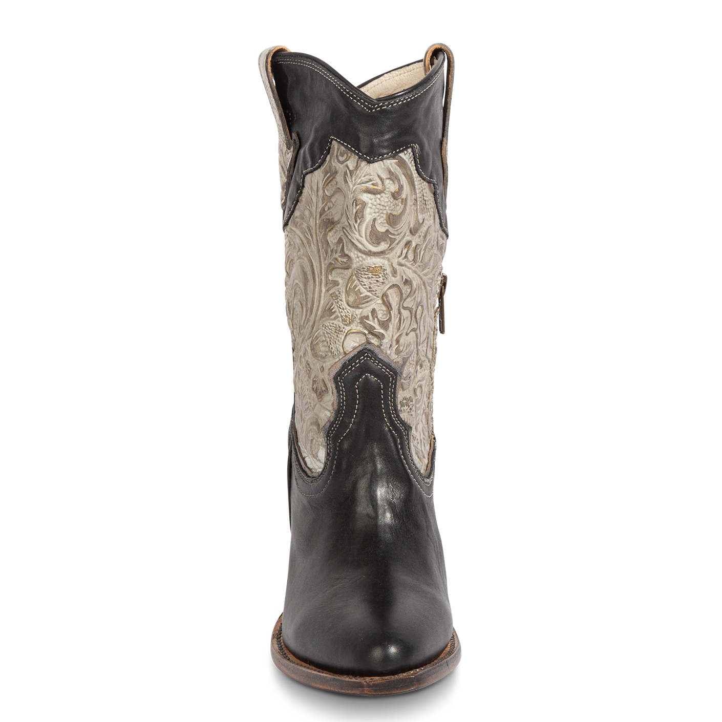 Front view showing FREEBIRD women's Loretta black leather boot with a tooled 100% full grain shaft