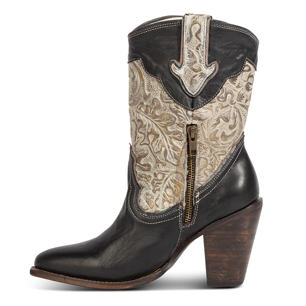 Inside view showing FREEBIRD women's Loretta black leather boot with a tooled 100% full grain shaft, inside zip closure and inverted heel 