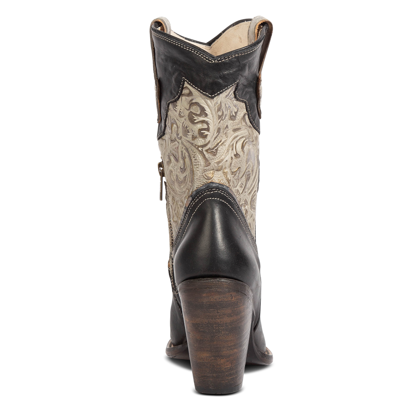Back view showing FREEBIRD women's Loretta black leather boot with a tooled 100% full grain shaft and inverted heel 