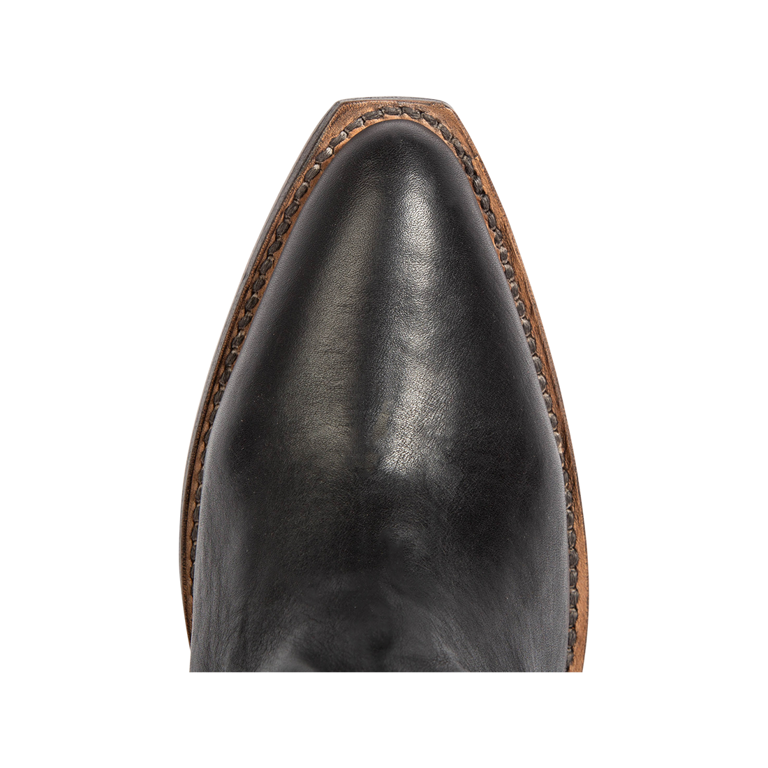 Top view showing a snip toe construction on FREEBIRD women's Loretta black leather boot