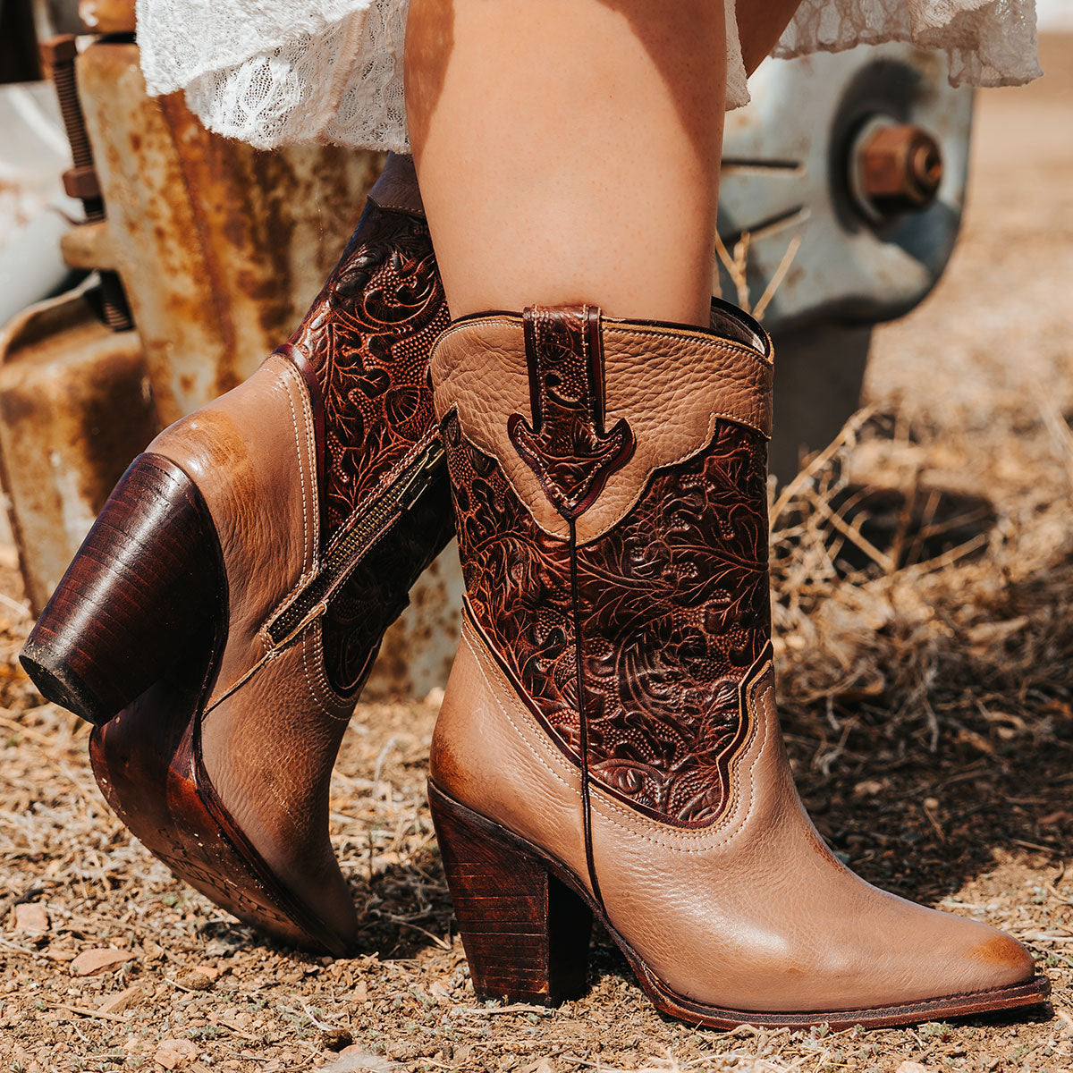 FREEBIRD women's Loretta clay leather boot with a tooled 100% full grain shaft, inside zip closure and  inverted heel 