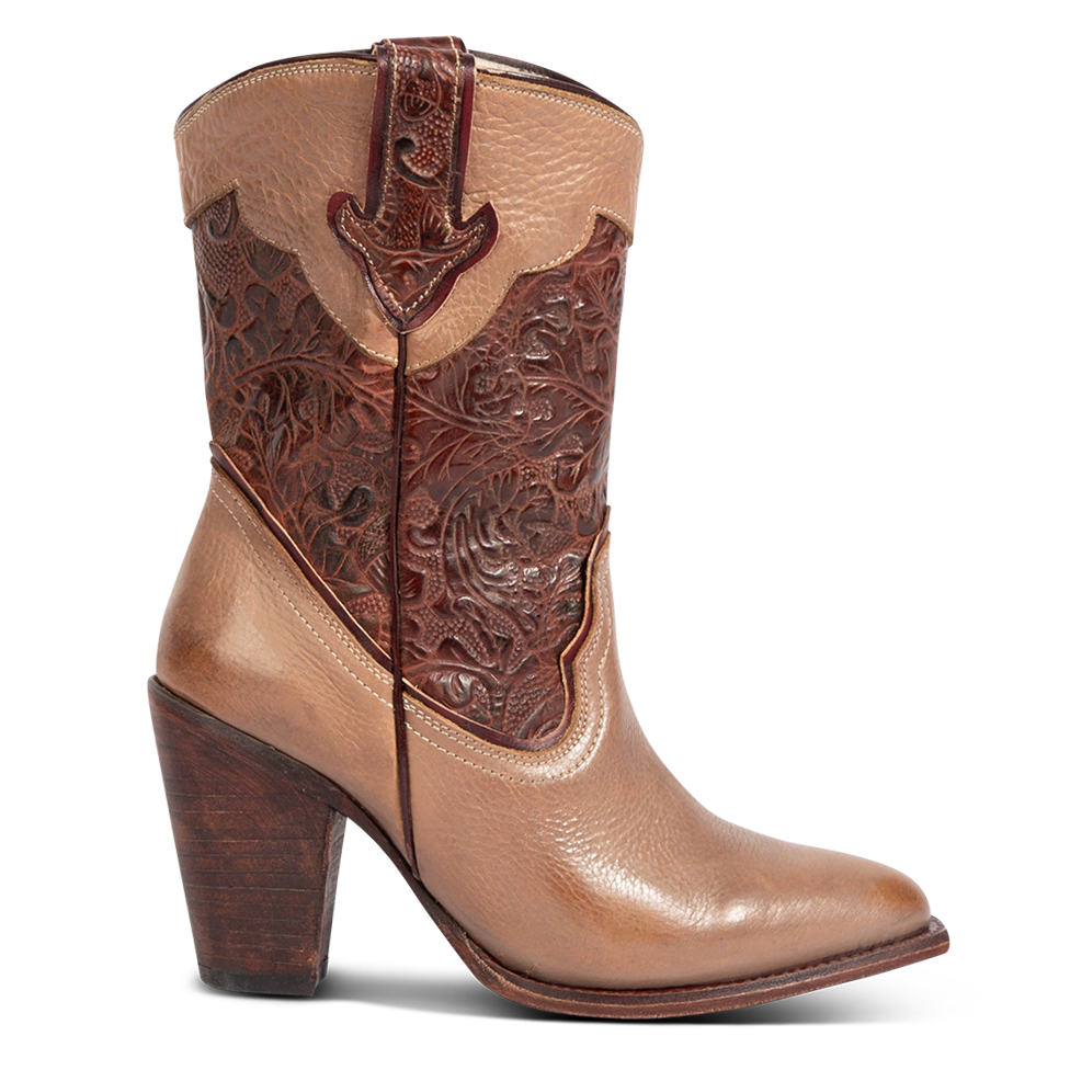 FREEBIRD women's Loretta clay leather boot with a tooled 100% full grain shaft, inside zip closure and  inverted heel 