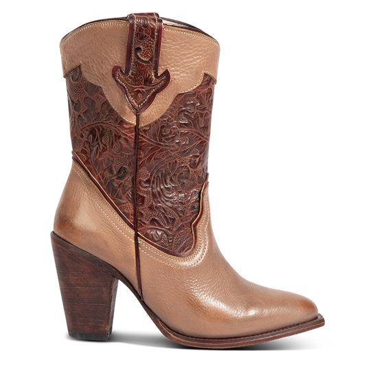 FREEBIRD women's Loretta clay leather boot with a tooled 100% full grain shaft, inside zip closure and  inverted heel 