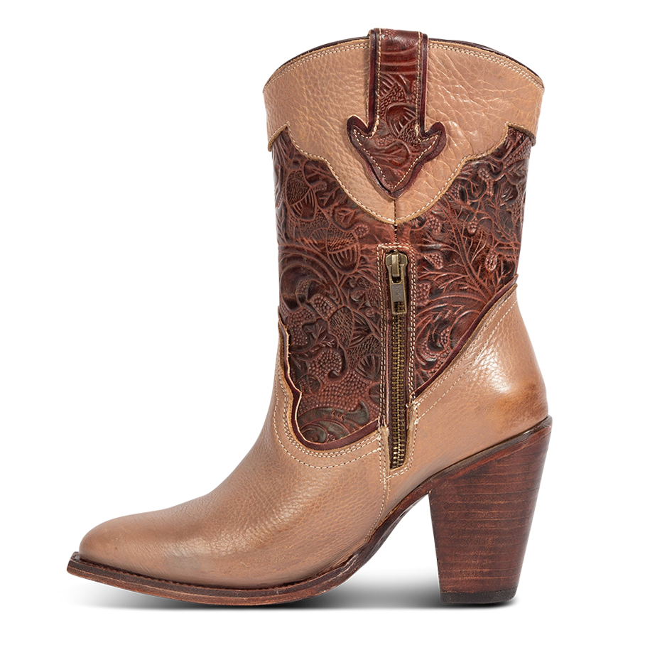 Inside view showing FREEBIRD women's Loretta clay leather boot with a tooled 100% full grain shaft, inside zip closure and inverted heel 