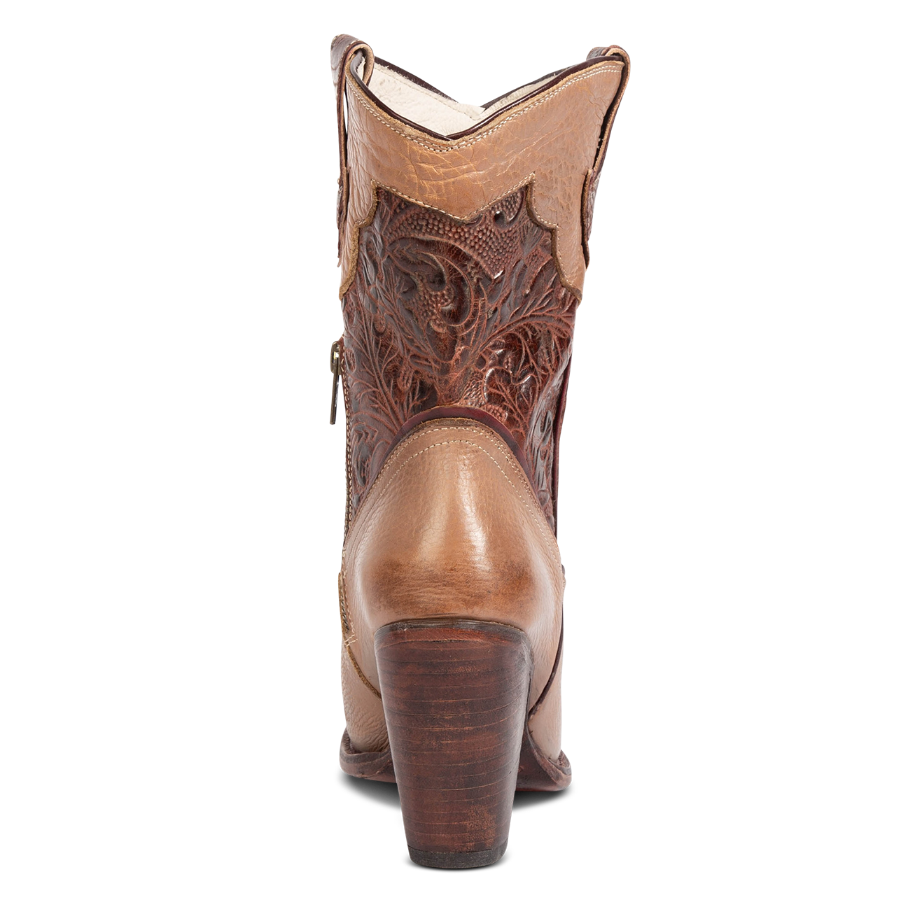 Back view showing FREEBIRD women's Loretta clay leather boot with a tooled 100% full grain shaft and inverted heel 