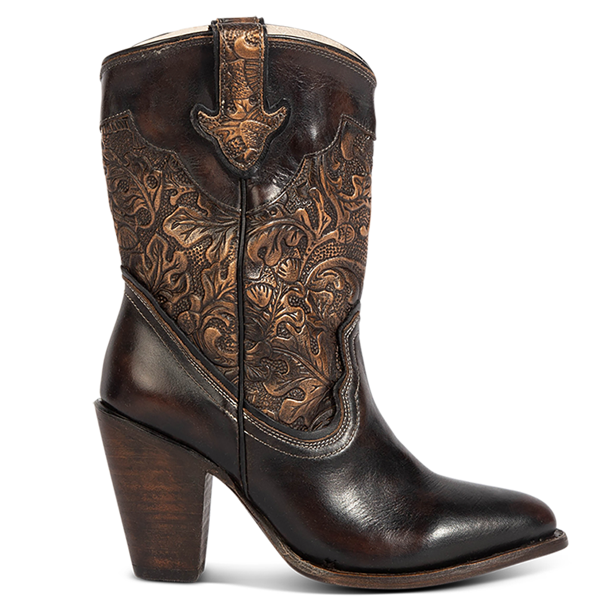FREEBIRD women's Loretta gold/brown leather boot with a tooled 100% full grain shaft, inside zip closure and inverted heel 