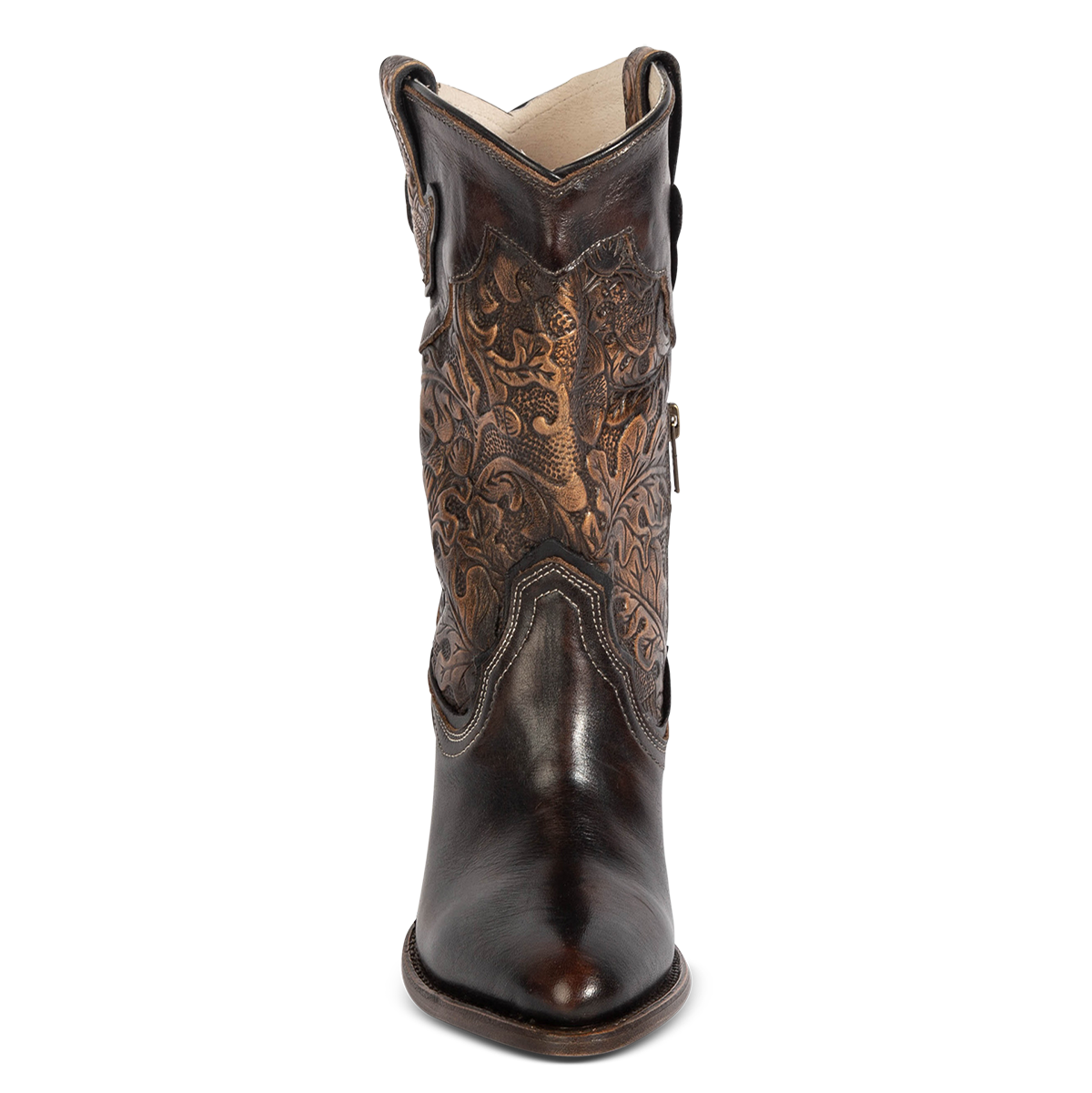 Front view showing FREEBIRD women's Loretta gold/brown leather boot with a tooled 100% full grain shaft