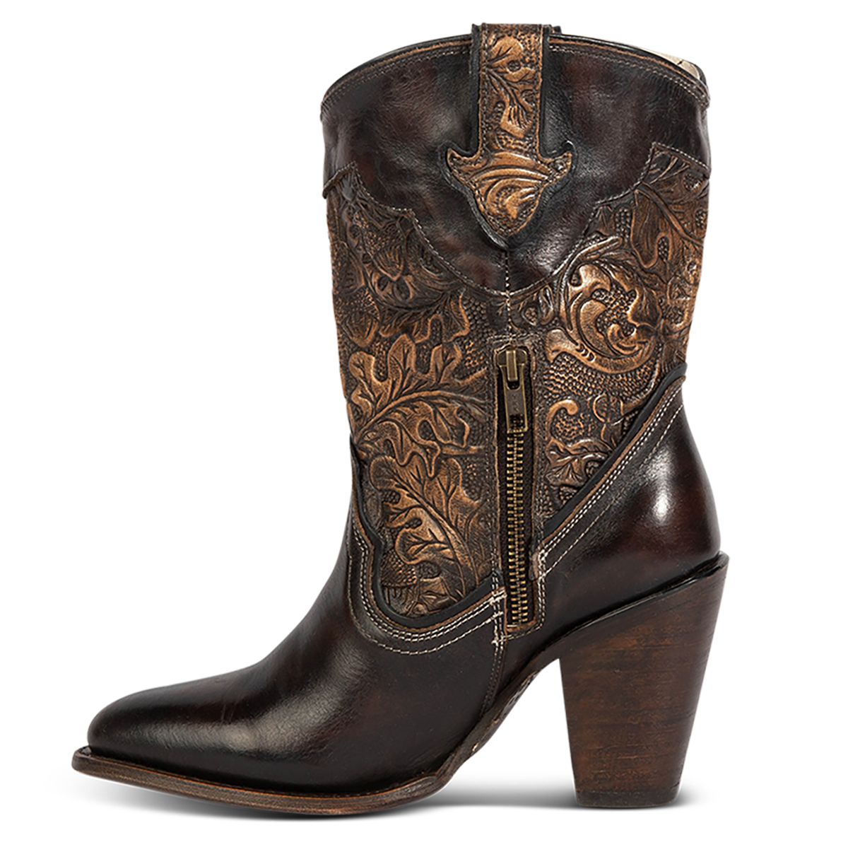 Inside view showing FREEBIRD women's Loretta gold/brown leather boot with a tooled 100% full grain shaft, inside zip closure and inverted heel 
