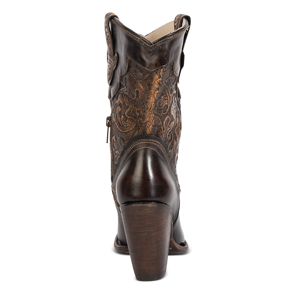 Back view showing FREEBIRD women's Loretta gold/brown leather boot with a tooled 100% full grain shaft and inverted heel 