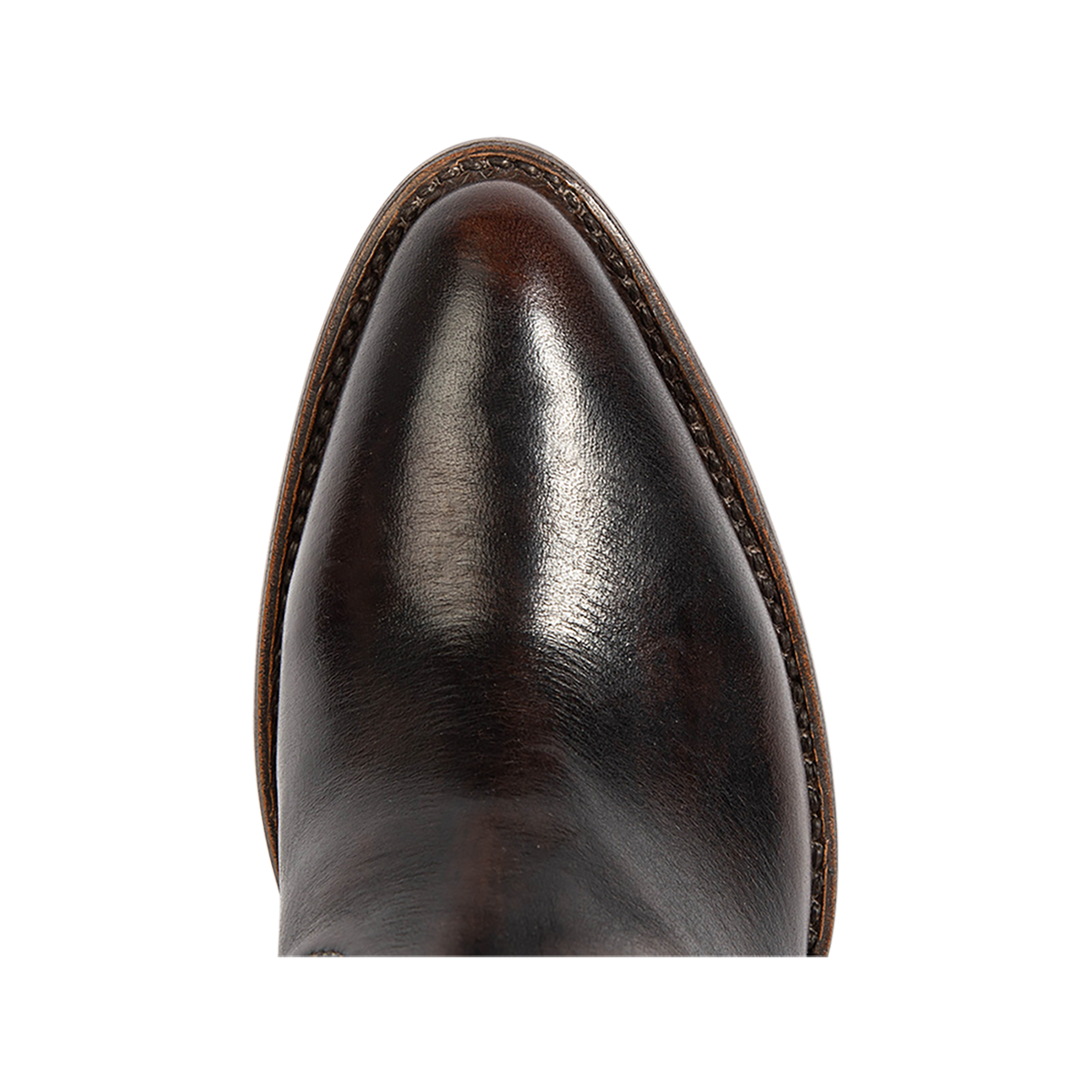Top view showing a snip toe construction on FREEBIRD women's Loretta gold/brown leather boot
