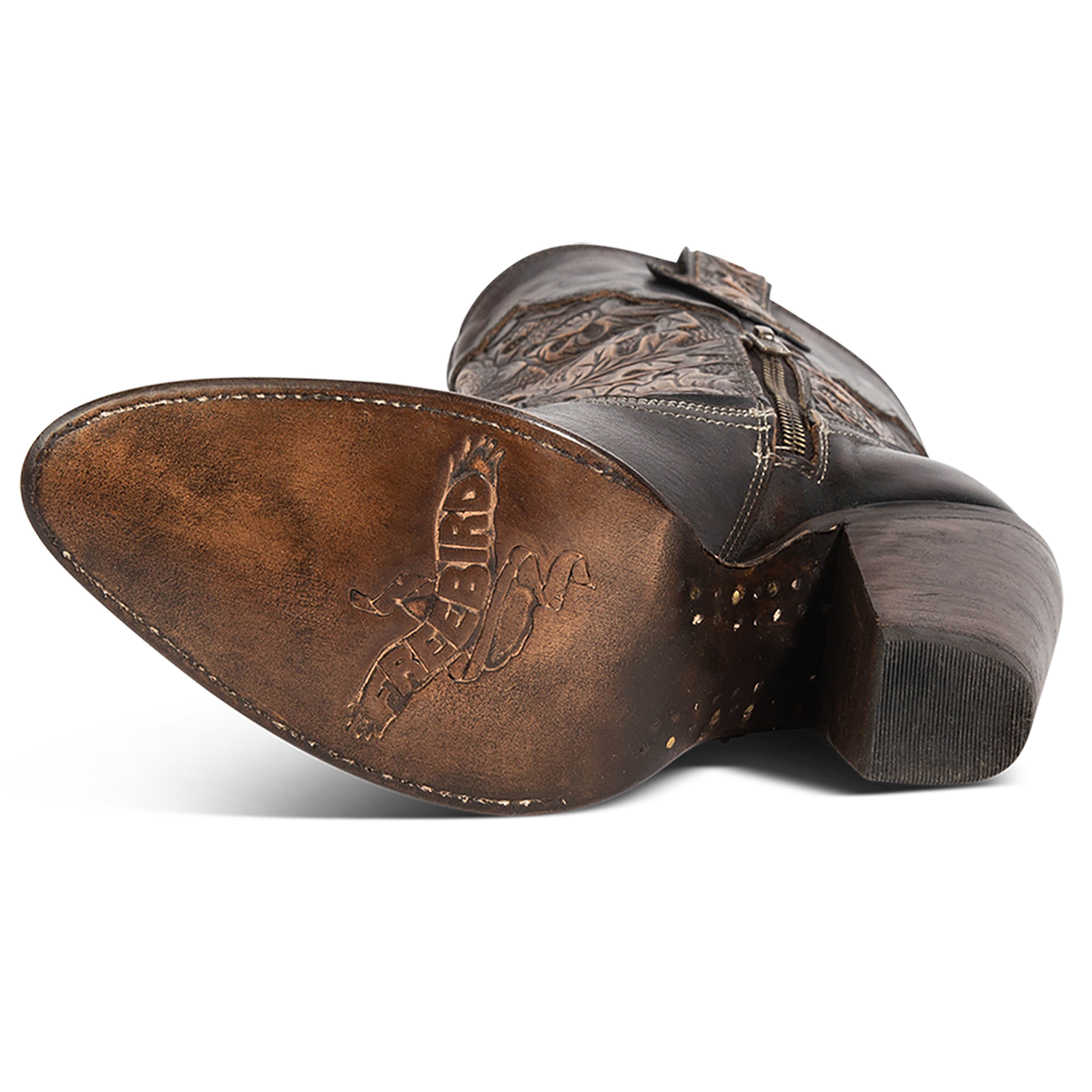 Leather sole imprinted with FREEBIRD on women's Loretta gold/brown leather boot