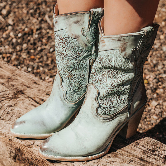 FREEBIRD women's Loretta turquoise leather boot with a tooled 100% full grain shaft, inside zip closure and inverted heel 