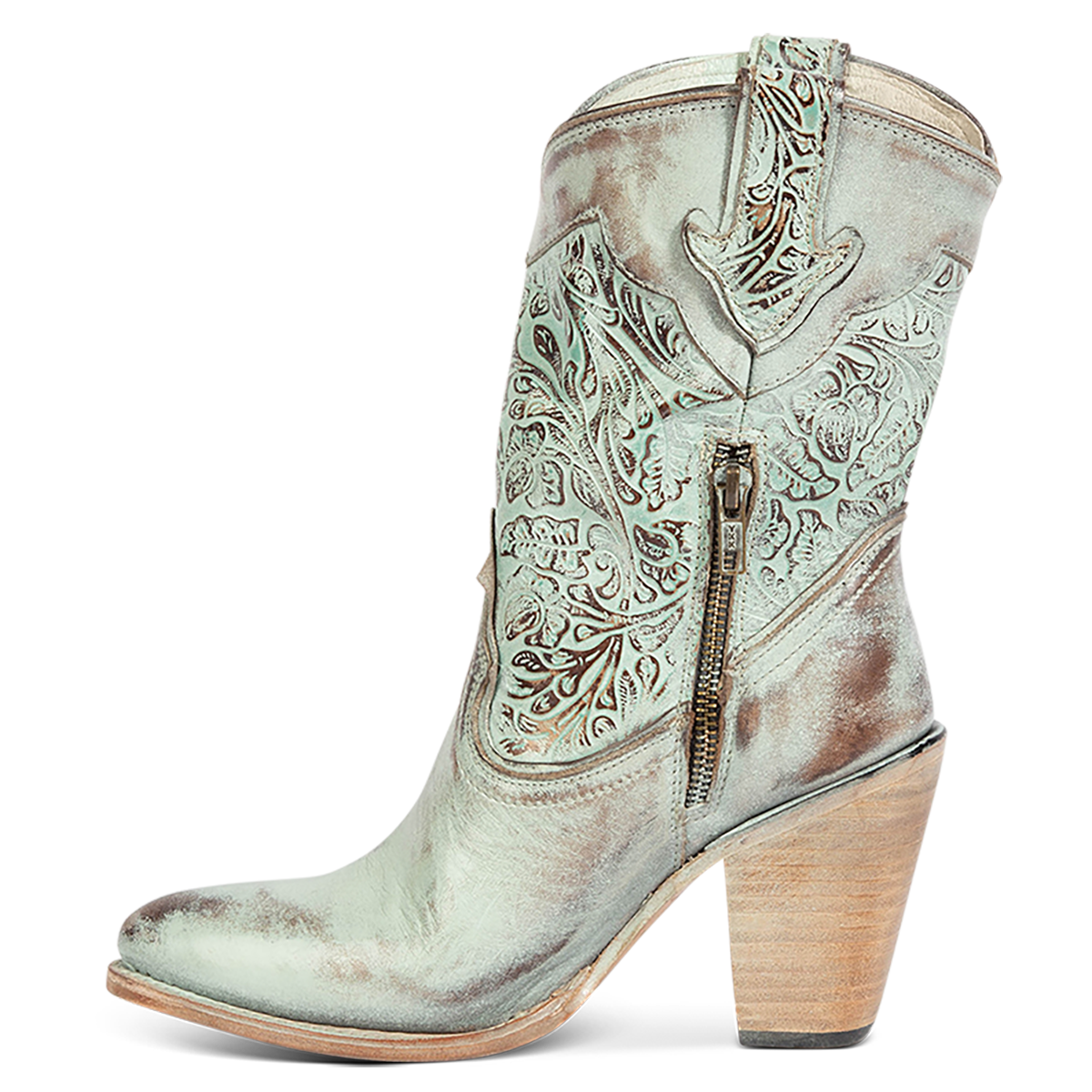 Inside view showing FREEBIRD women's Loretta turquoise leather boot with a tooled 100% full grain shaft, inside zip closure and inverted heel 
