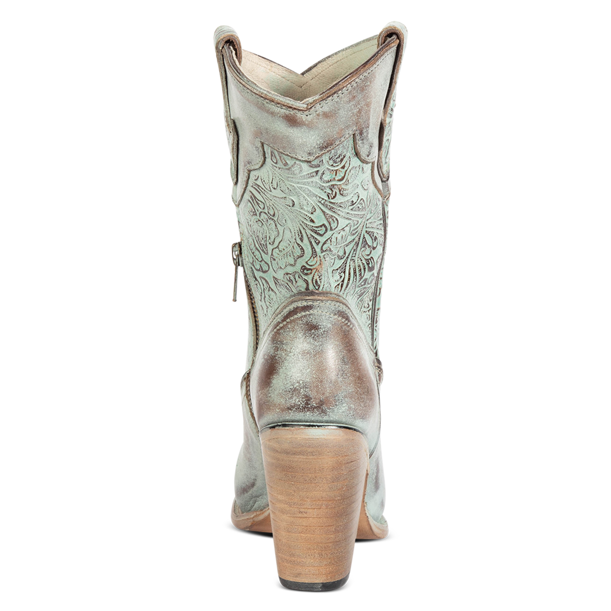 Back view showing FREEBIRD women's Loretta turquoise leather boot with a tooled 100% full grain shaft and inverted heel 