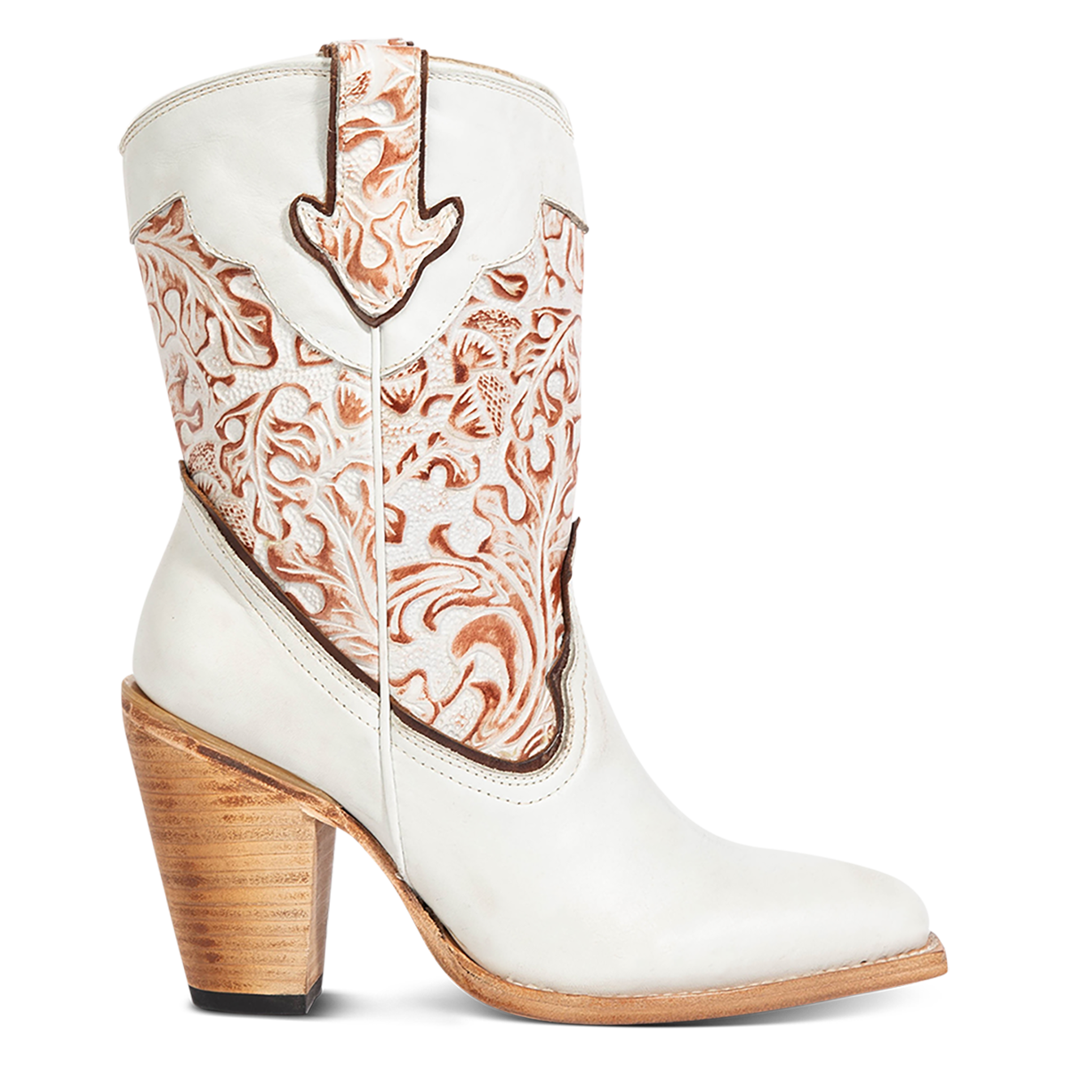 FREEBIRD women's Loretta white leather boot with a tooled 100% full grain shaft, inside zip closure and inverted heel 