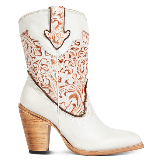 FREEBIRD women's Loretta white leather boot with a tooled 100% full grain shaft, inside zip closure and inverted heel 