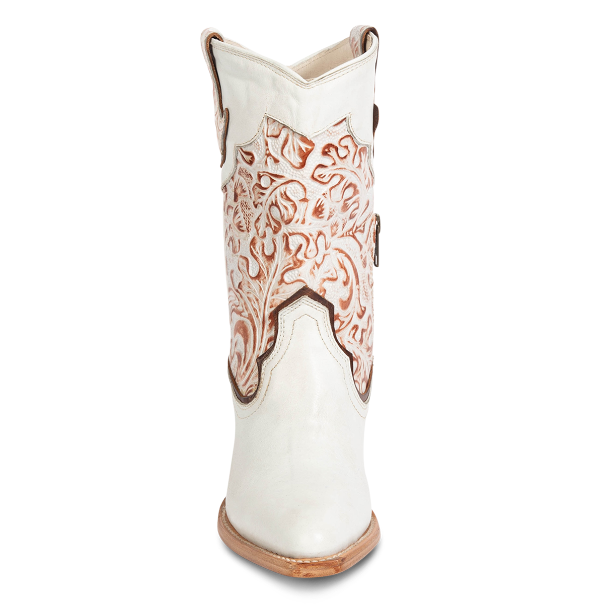 Front view showing FREEBIRD women's Loretta white leather boot with a tooled 100% full grain shaft
