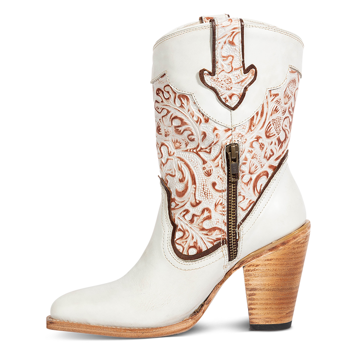Inside view showing FREEBIRD women's Loretta white leather boot with a tooled 100% full grain shaft, inside zip closure and inverted heel 