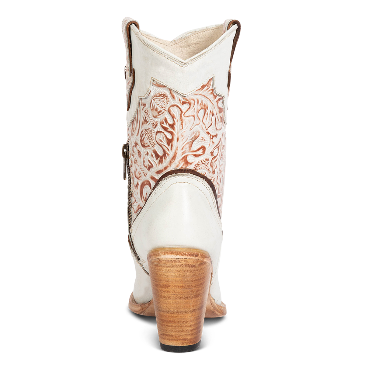 Back view showing FREEBIRD women's Loretta white leather boot with a tooled 100% full grain shaft and inverted heel 