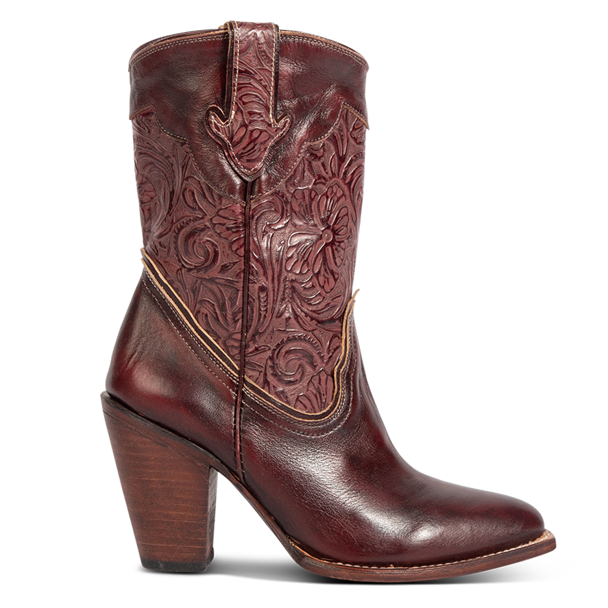 FREEBIRD women's Loretta wine leather boot with a tooled 100% full grain shaft, inside zip closure and inverted heel 