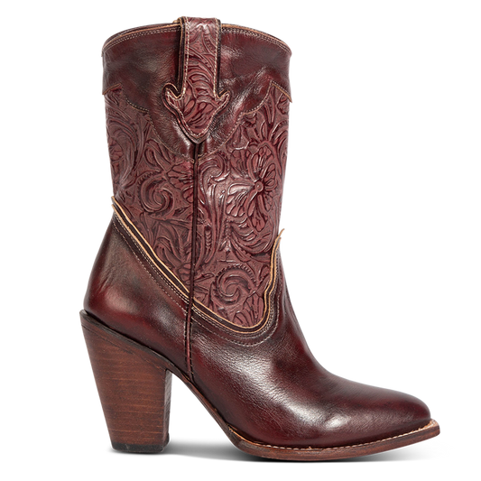 FREEBIRD women's Loretta wine leather boot with a tooled 100% full grain shaft, inside zip closure and inverted heel 