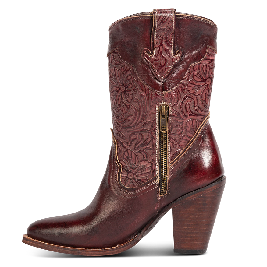 Inside view showing FREEBIRD women's Loretta wine leather boot with a tooled 100% full grain shaft, inside zip closure and inverted heel 