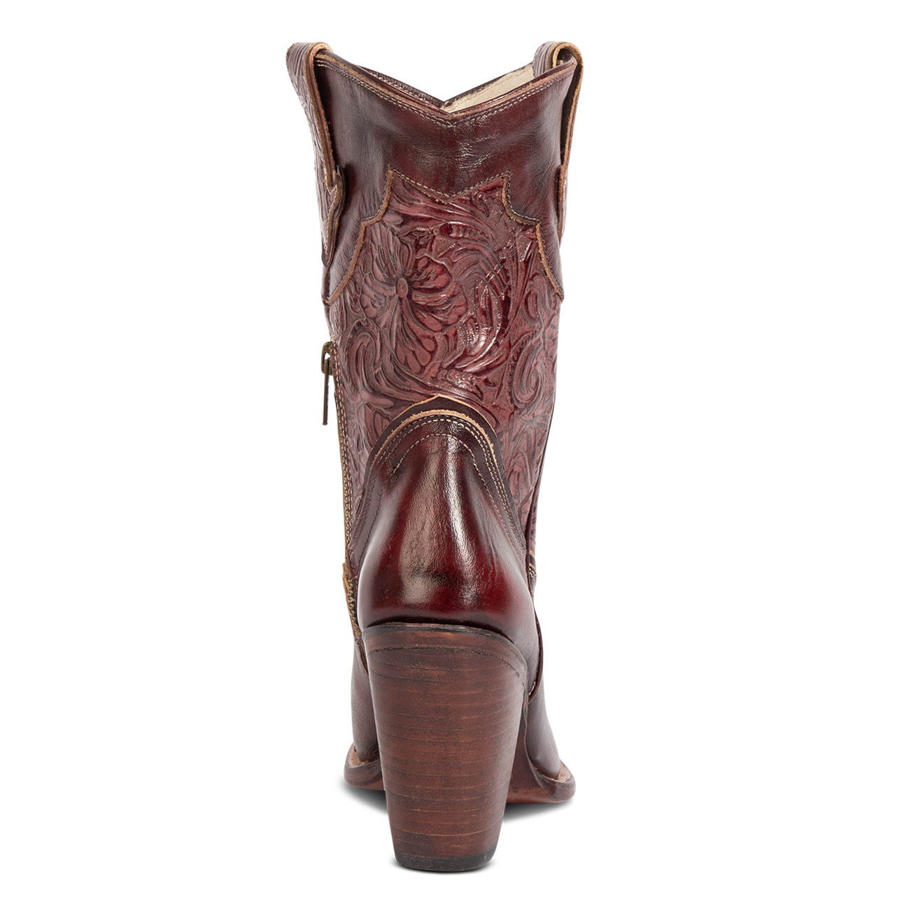 Back view showing FREEBIRD women's Loretta wine leather boot with a tooled 100% full grain shaft and inverted heel 