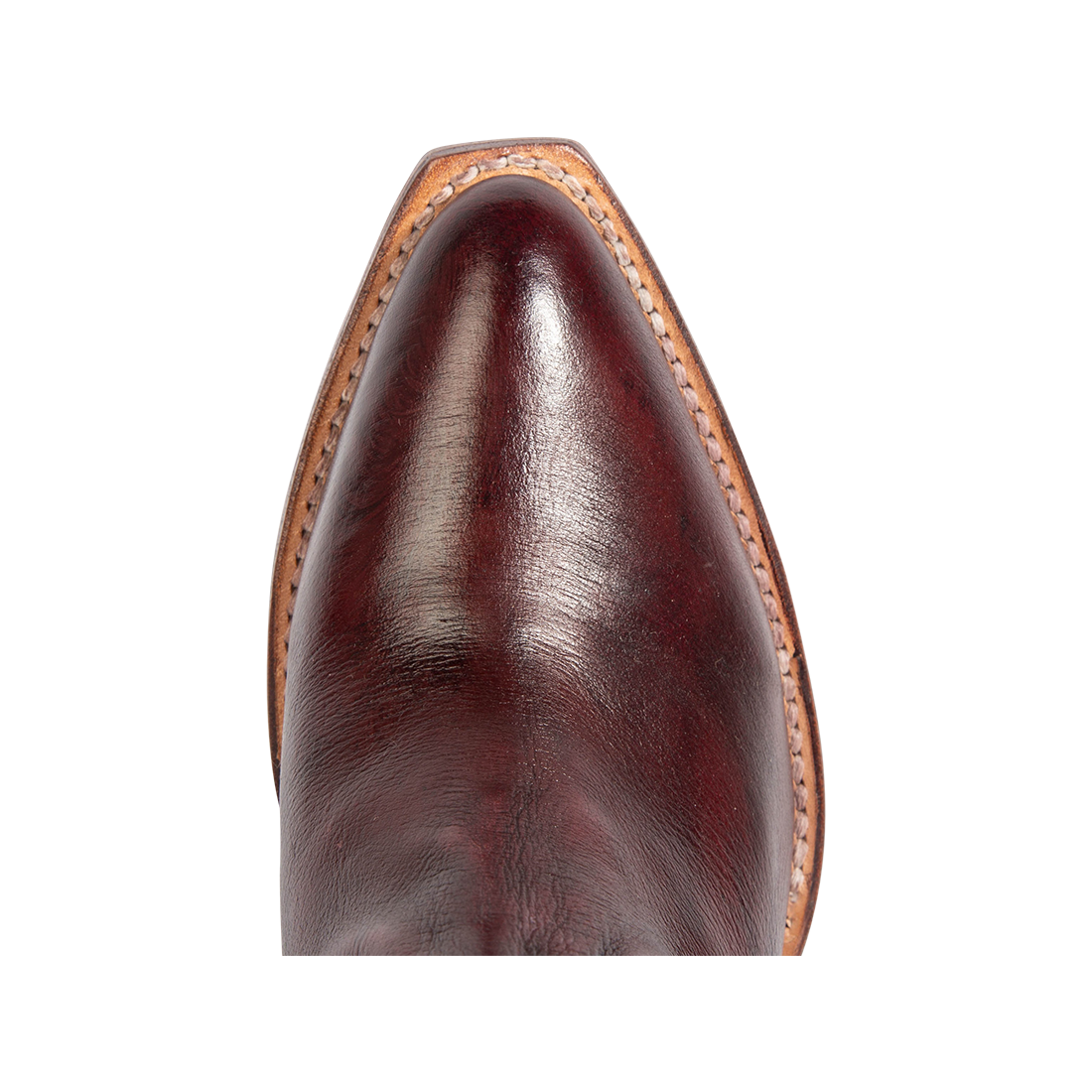Top view showing a snip toe construction on FREEBIRD women's Loretta wine leather boot