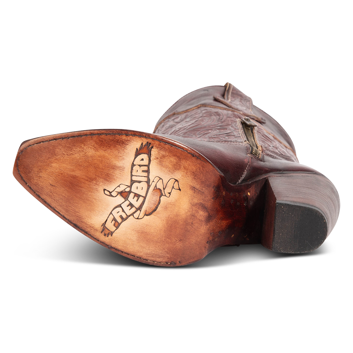Leather sole imprinted with FREEBIRD on women's Loretta wine leather boot