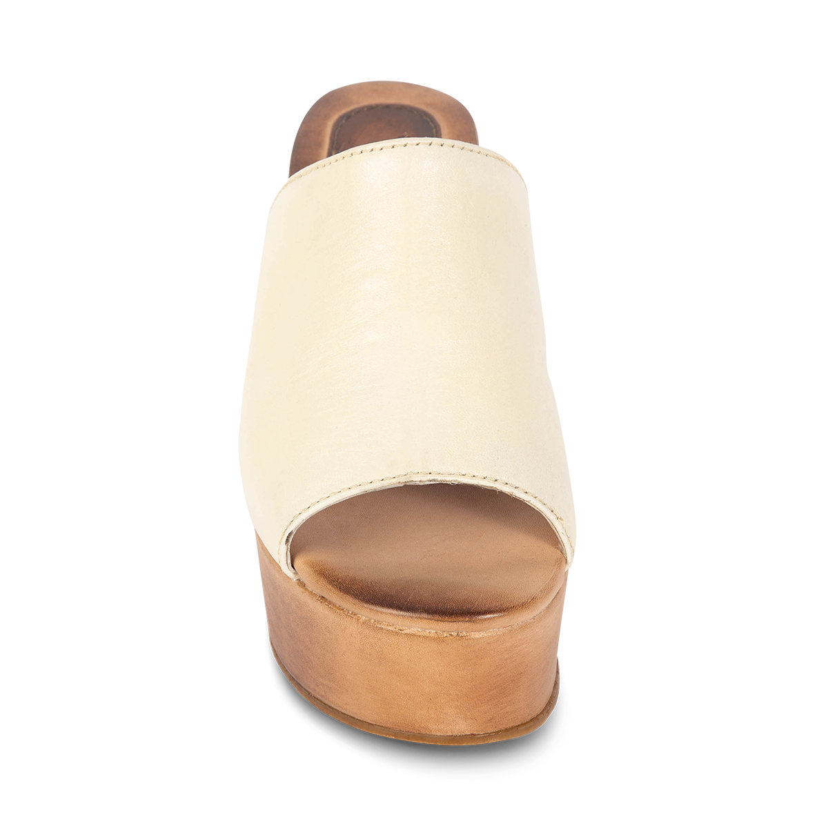 Front view showing leather upper on FREEBIRD women's Loveland beige platform sandal