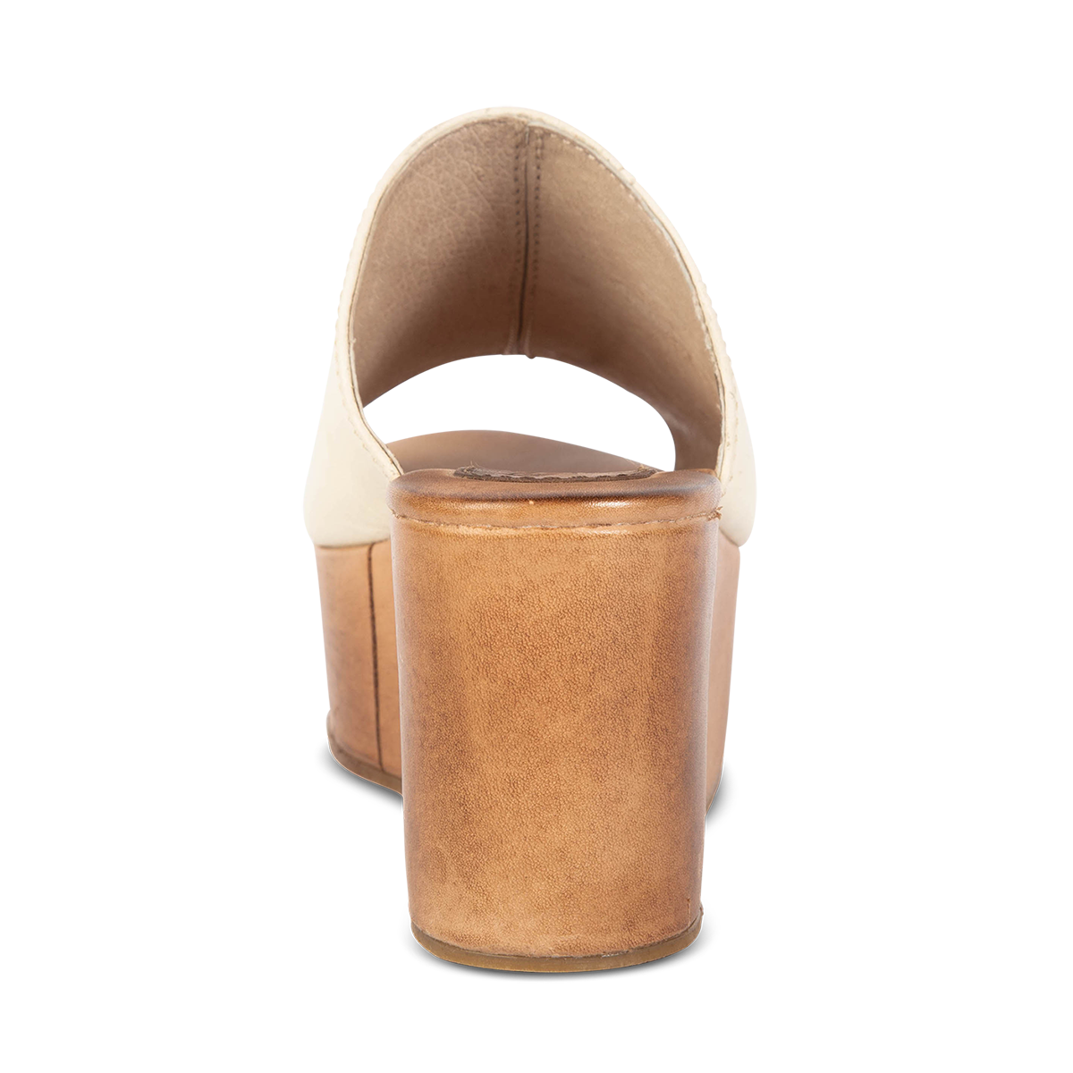 Back view showing wedge heel on FREEBIRD women's beige platform sandal