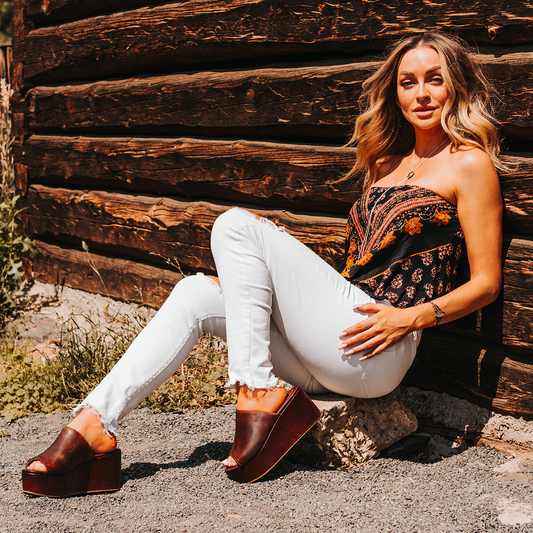 FREEBIRD women's Loveland cognac slip-on wedge sandal with platform heel lifestyle