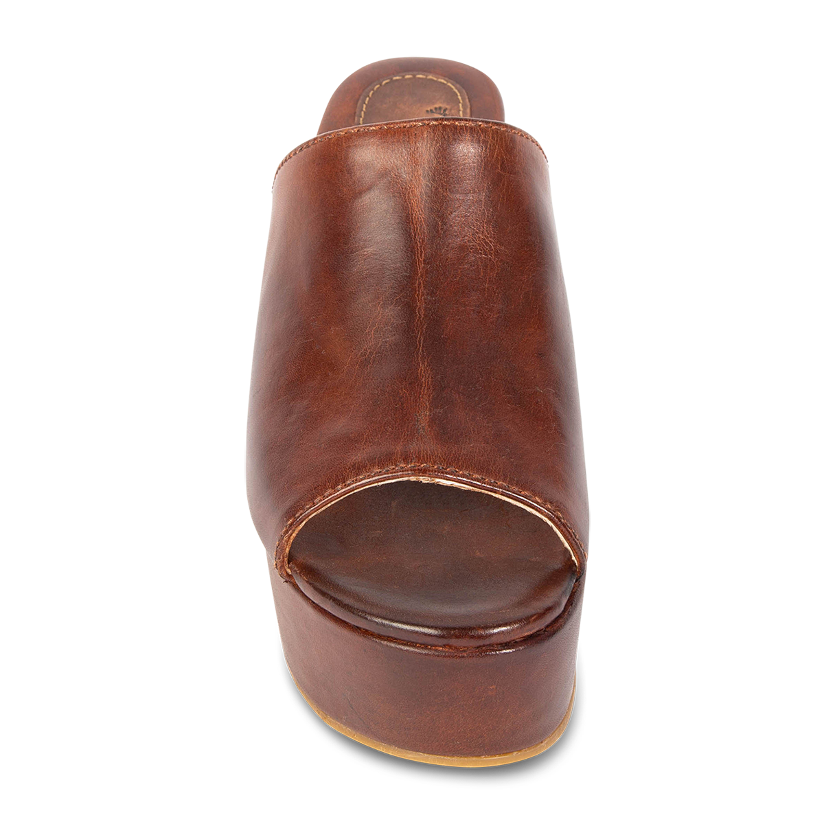 Front view showing leather upper on FREEBIRD women's Loveland cognac platform sandal