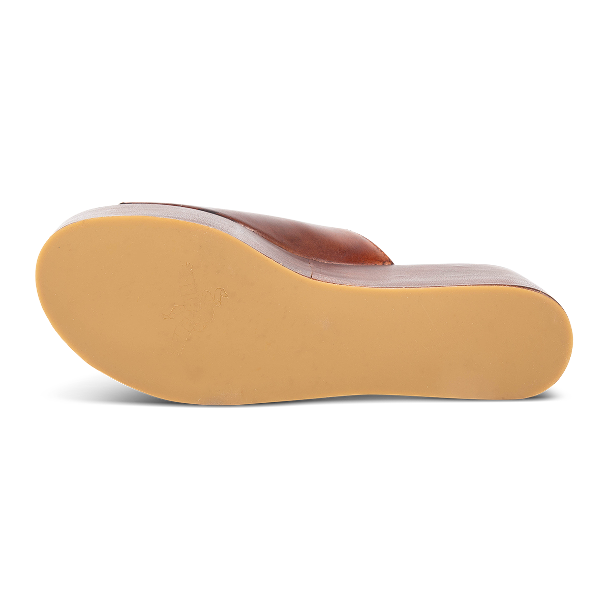 Rubber sole imprinted with FREEBIRD on women's Loveland cognac platform sandal