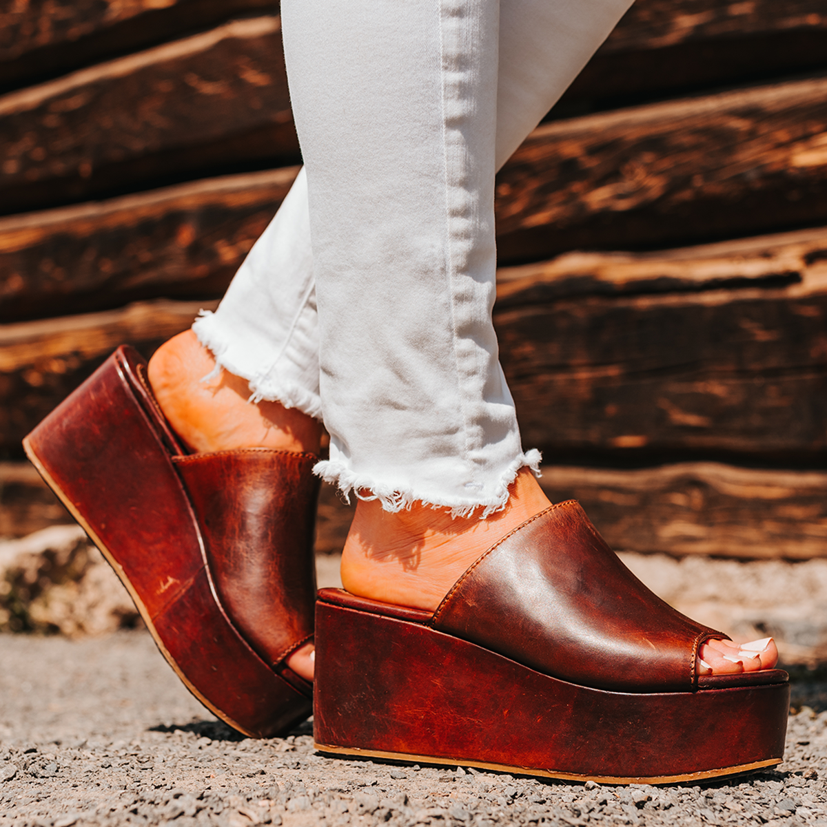 FREEBIRD women's Loveland cognac slip-on wedge sandal with platform heel