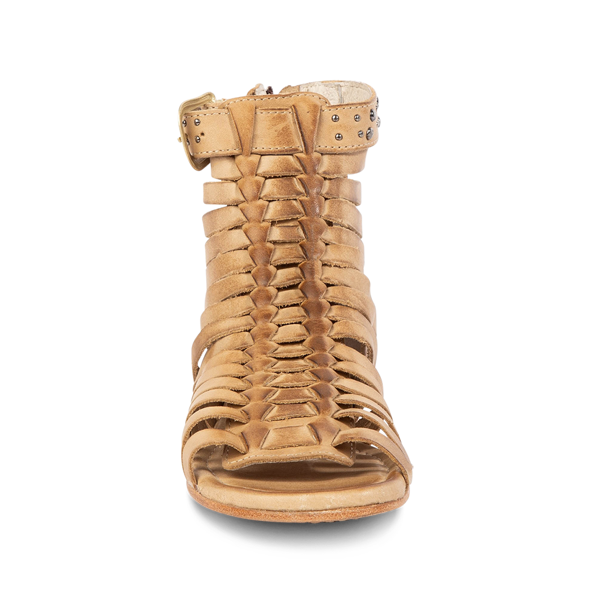 Front view showing FREEBIRD women's Luna beige leather sandal with a gladiator silhouette, adjustable brass buckle and woven front detailing