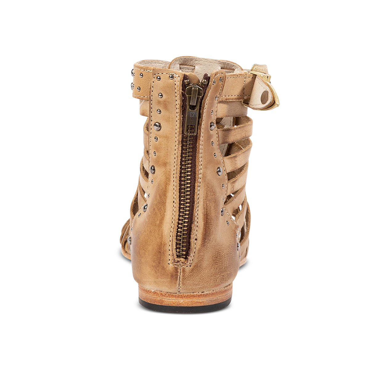 Back view showing a working brass zipper on FREEBIRD women's Luna beige leather low heel sandal