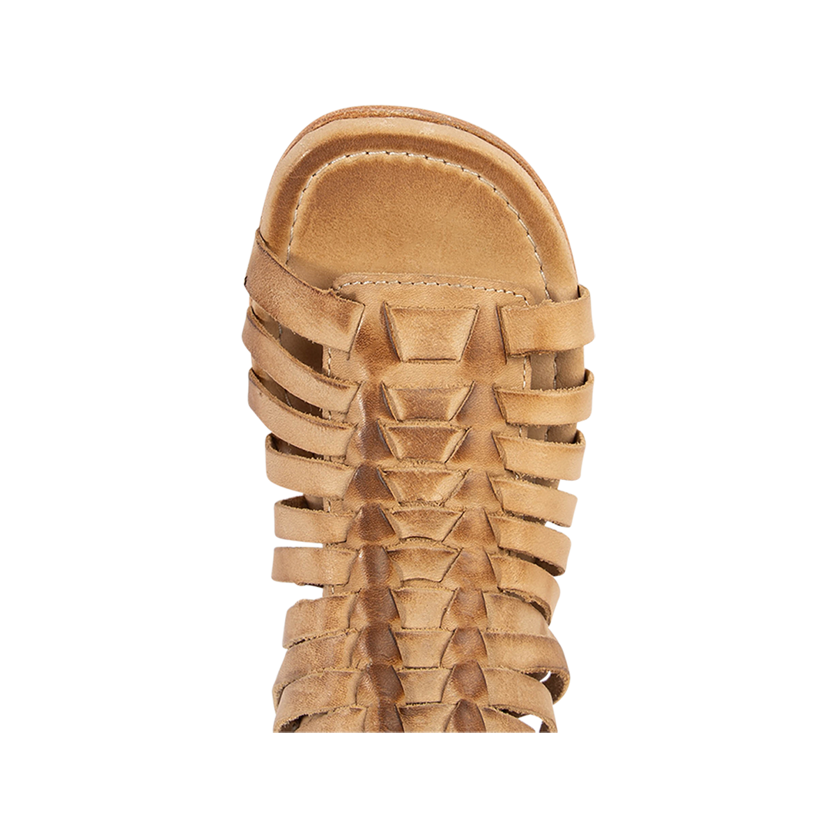 Top view showing an open toe construction with woven front leather detailing on FREEBIRD women's Luna beige leather sandal