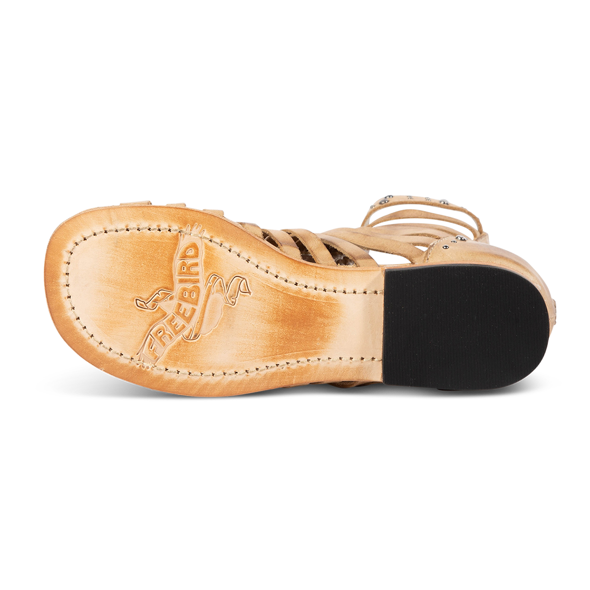 Leather sole imprinted with FREEBIRD on women's Luna beige leather sandal