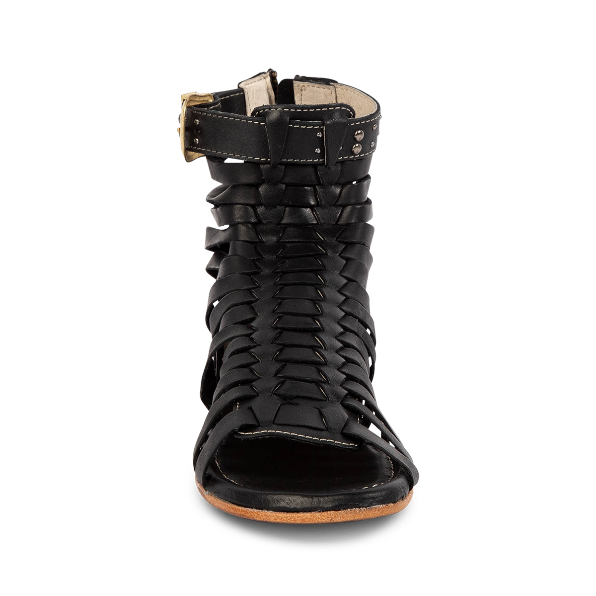 Front view showing FREEBIRD women's Luna black leather sandal with a gladiator silhouette, adjustable brass buckle and woven front detailing