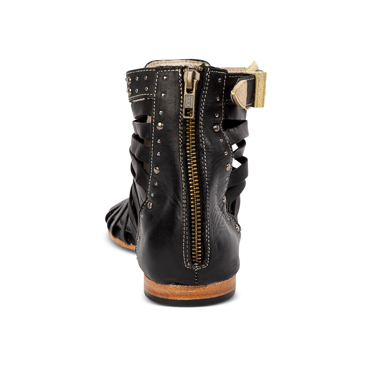 Back view showing a working brass zipper on FREEBIRD women's Luna black leather low heel sandal