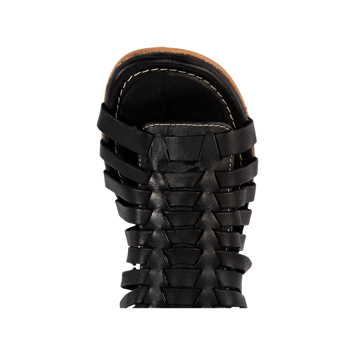 Top view showing an open toe construction with woven front leather detailing on FREEBIRD women's Luna black leather sandal