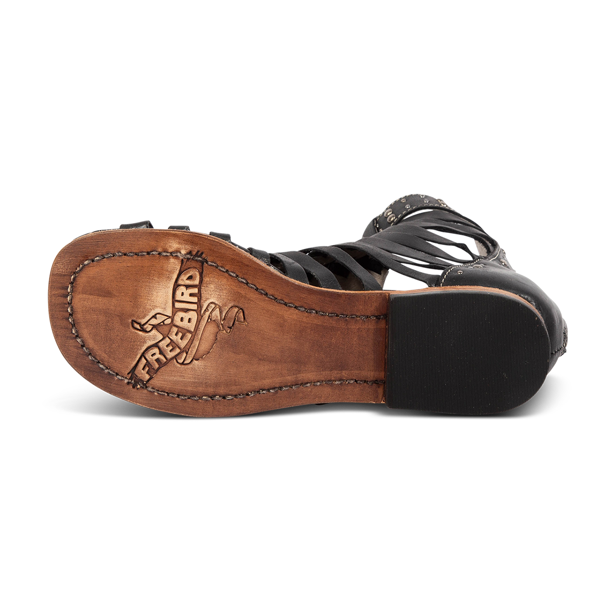 Leather sole imprinted with FREEBIRD on women's Luna black leather sandal