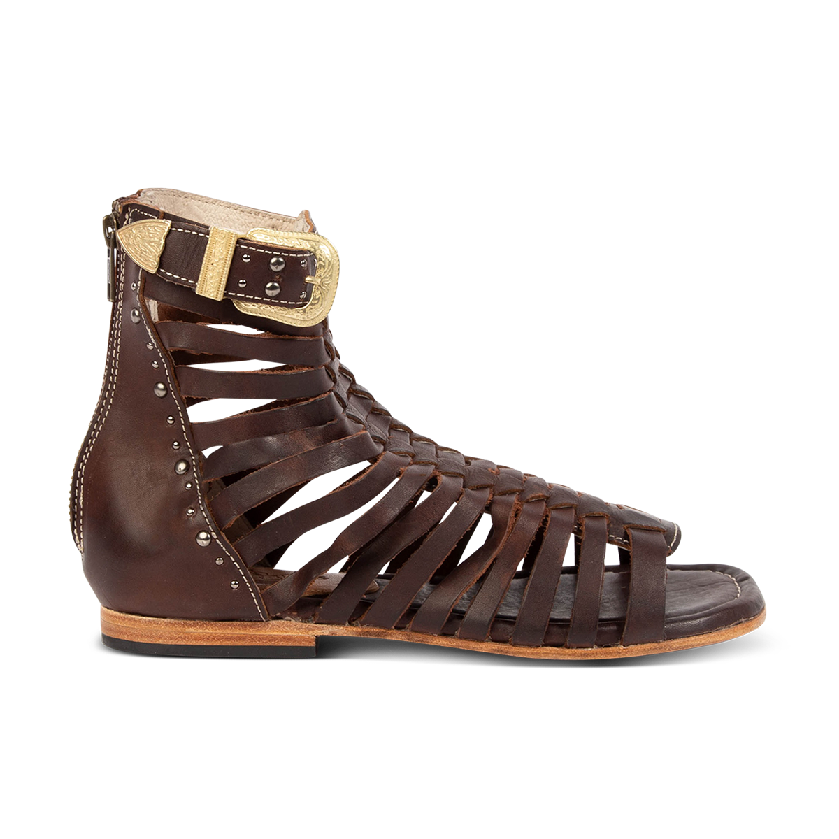 FREEBIRD women's Luna brown leather sandal with a gladiator silhouette, adjustable brass buckle and subtle stud embellishments on a low heel 