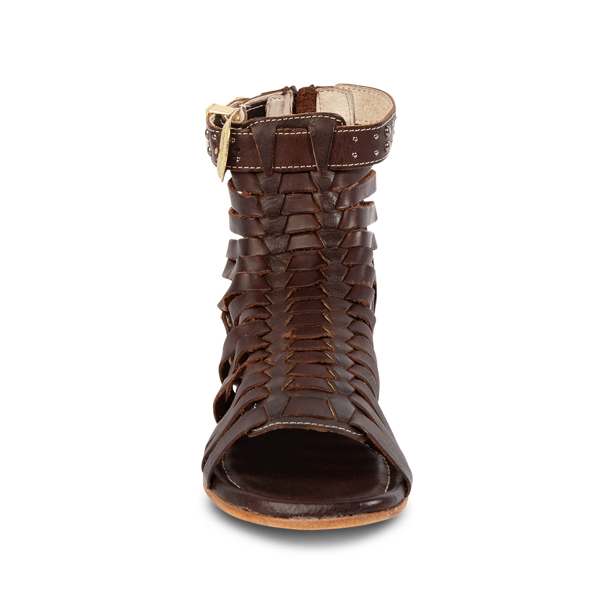 Front view showing FREEBIRD women's Luna brown leather sandal with a gladiator silhouette, adjustable brass buckle and woven front detailing