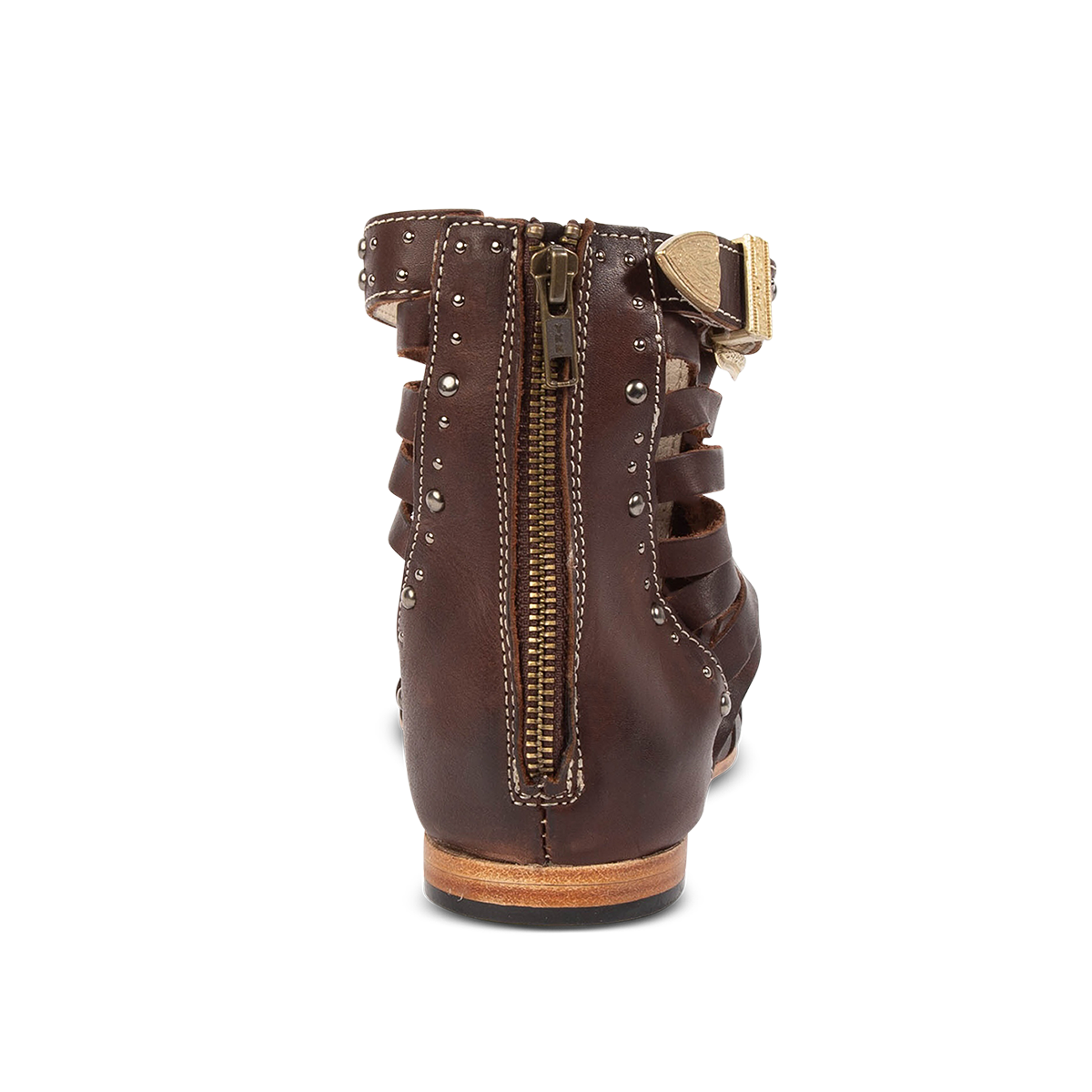 Back view showing a working brass zipper on FREEBIRD women's Luna brown leather low heel sandal